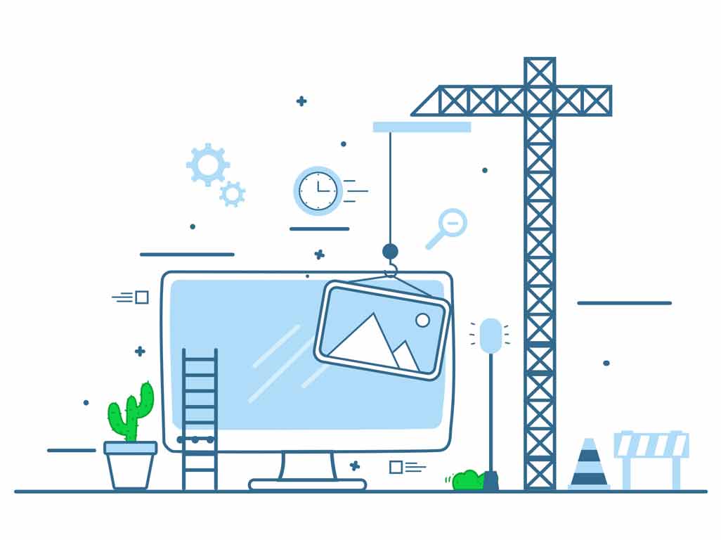 Graphic of a computer with building construction equipment around it